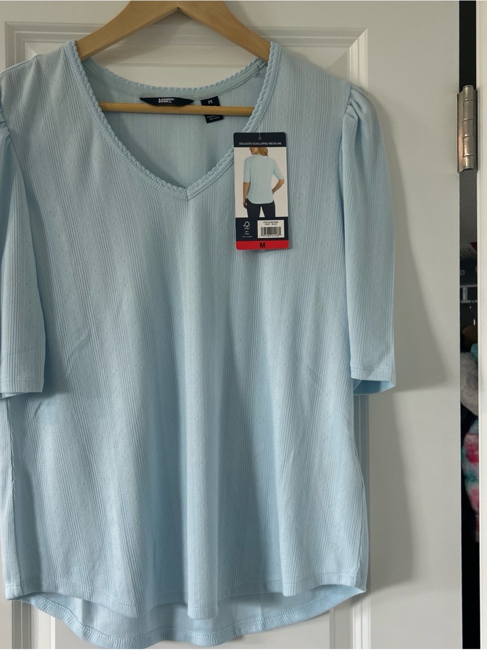 Lands' End Women's Pointelle Elbow Sleeve Top Medium, Light Blue NWT